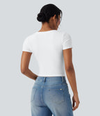 Ribbed Knit V Neck Short Sleeve Cropped Capri Work T-Shirt — White — view 2