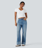 Ribbed Knit V Neck Short Sleeve Cropped Capri Work T-Shirt — White — view 5