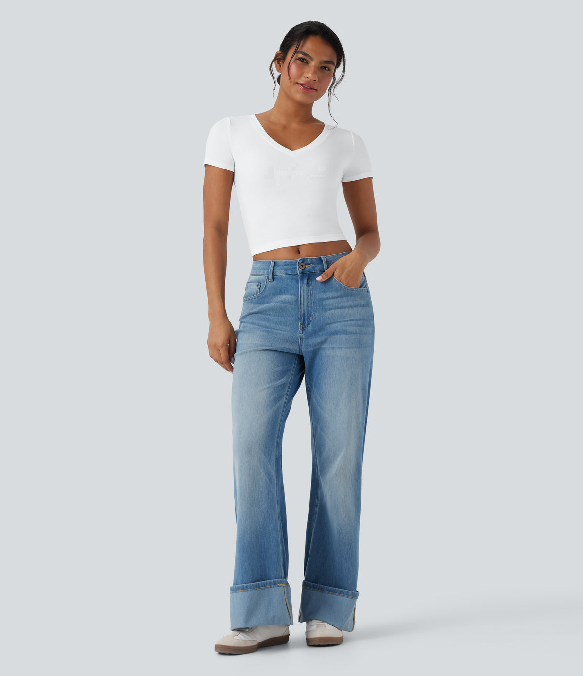 Ribbed Knit V Neck Short Sleeve Cropped Capri Work T-Shirt — White — view 5