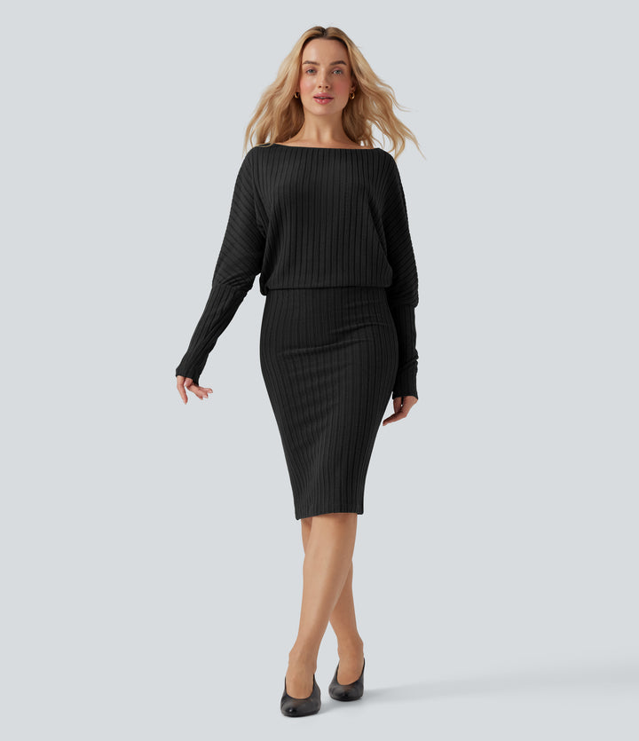Ribbed Knit Off-shoulder Batwing Long Sleeve Bodycon Midi Fleece Casual Dress — Black — view 1