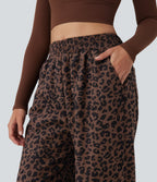 High Waisted Leopard Print Corduroy Casual Baggy Trousers with Pockets — Black Coffee Leopard Print — view 5