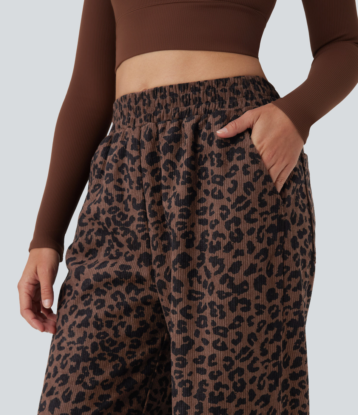 High Waisted Leopard Print Corduroy Casual Baggy Trousers with Pockets — Black Coffee Leopard Print — view 5