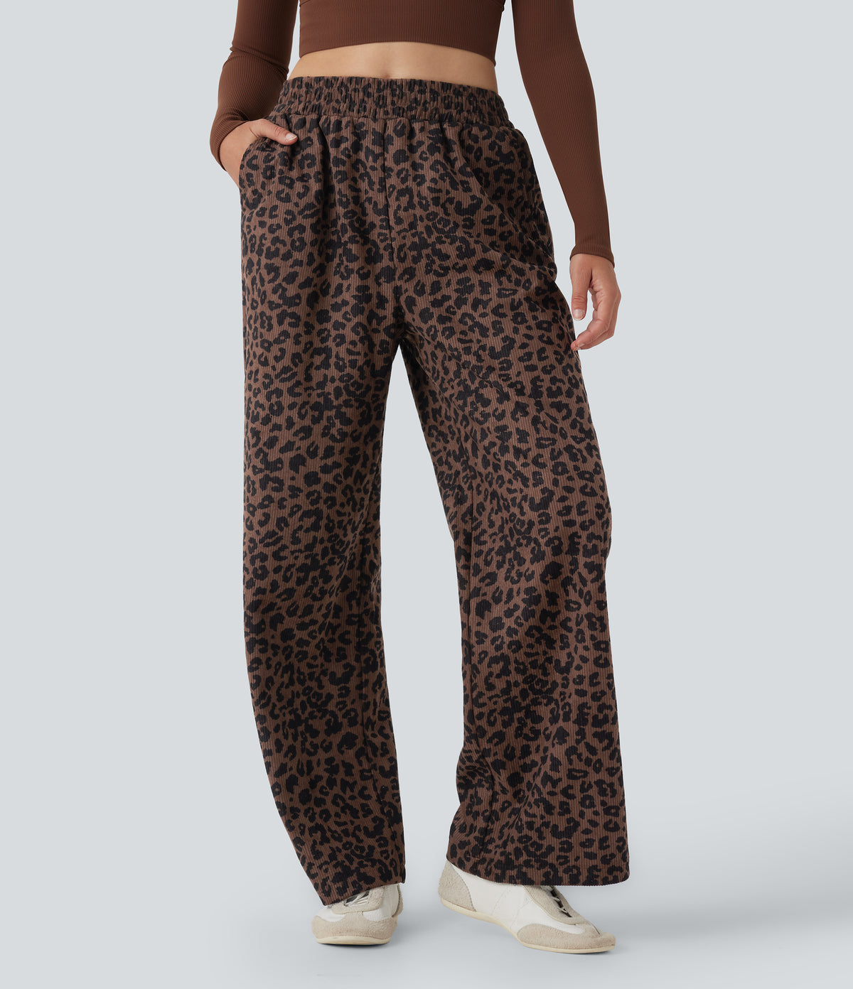 High Waisted Leopard Print Corduroy Casual Baggy Trousers with Pockets — Black Coffee Leopard Print — view 1