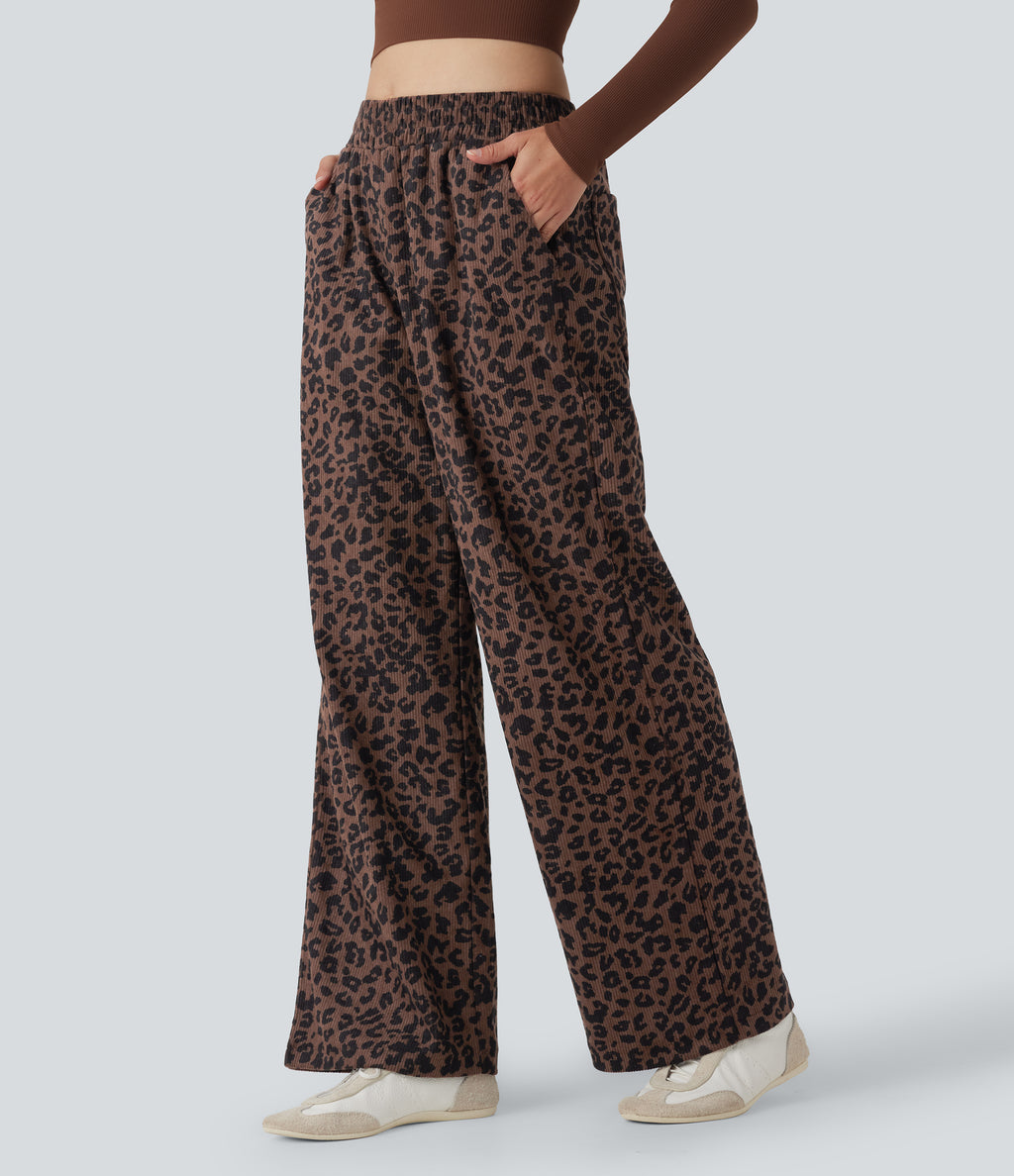 High Waisted Leopard Print Corduroy Casual Baggy Trousers with Pockets — Black Coffee Leopard Print — view 3