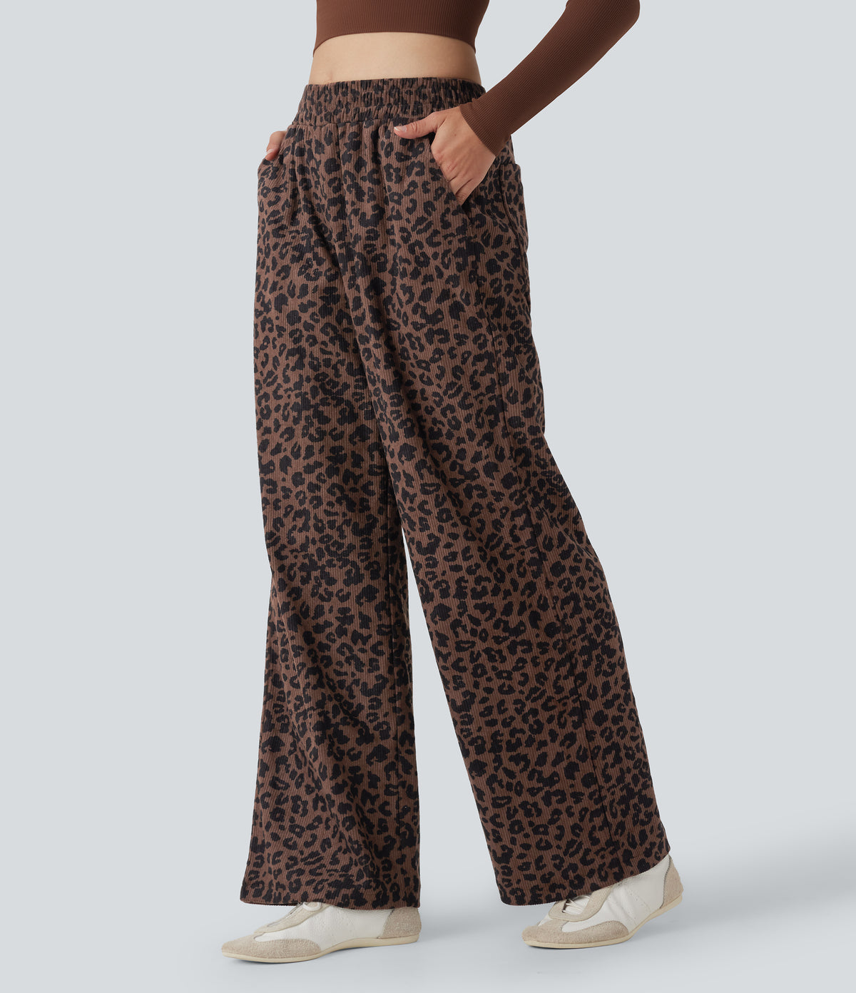High Waisted Leopard Print Corduroy Casual Baggy Trousers with Pockets — Black Coffee Leopard Print — view 3