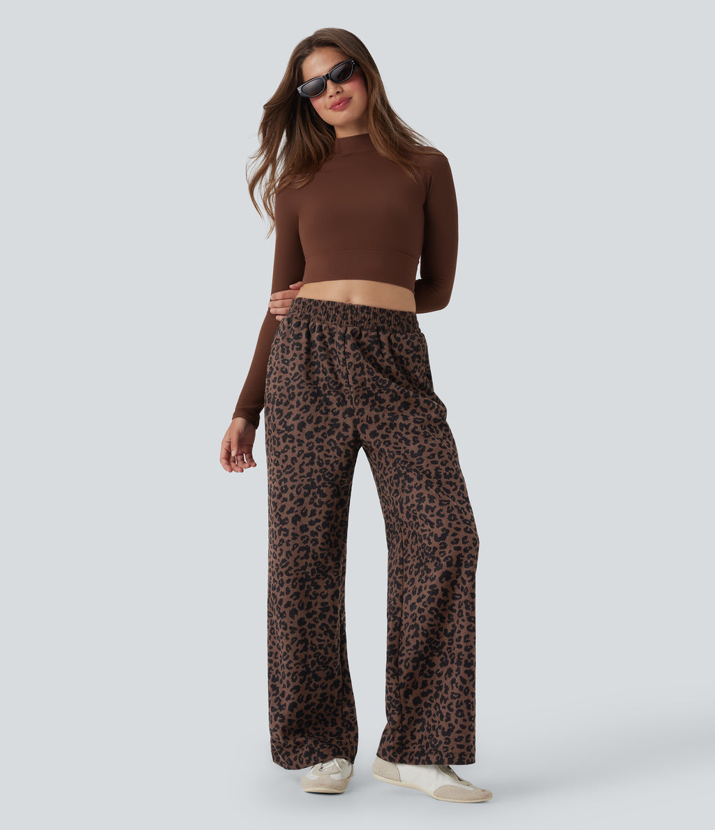 High Waisted Leopard Print Corduroy Casual Baggy Trousers with Pockets — Black Coffee Leopard Print — view 6