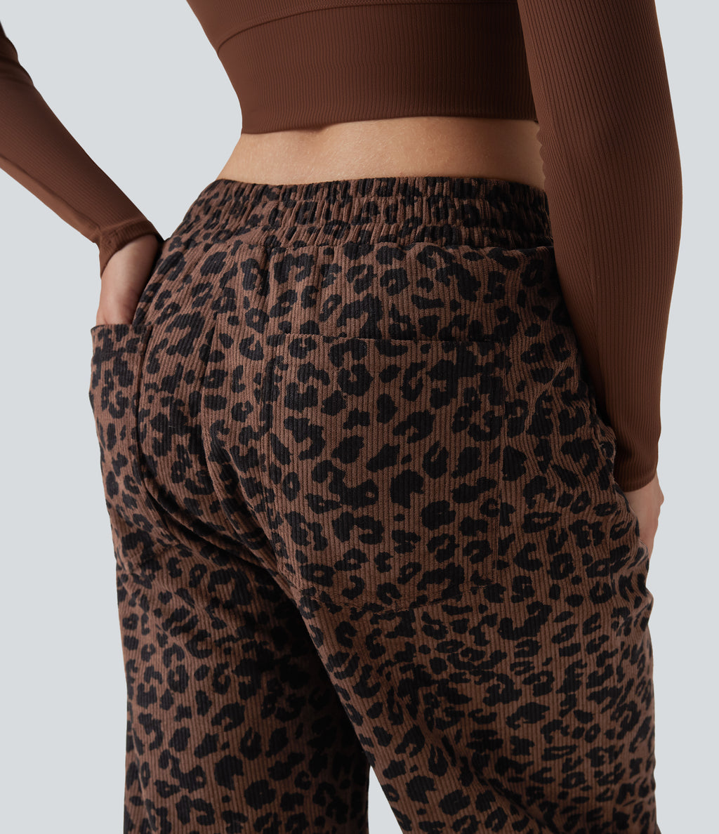 High Waisted Leopard Print Corduroy Casual Baggy Trousers with Pockets — Black Coffee Leopard Print — view 4