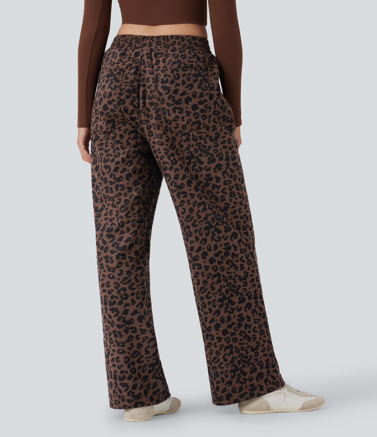 High Waisted Leopard Print Corduroy Casual Baggy Trousers with Pockets — Black Coffee Leopard Print — view 2