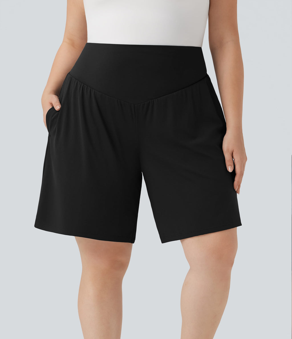 Plus Size Airy High Waisted InstantCool Yoga Bermuda Shorts with Pockets — Black — view 8
