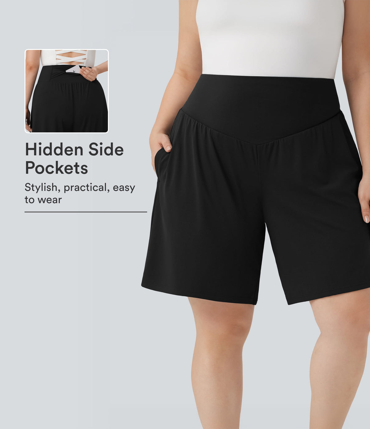 Plus Size Airy High Waisted InstantCool Yoga Bermuda Shorts with Pockets — Black — view 1