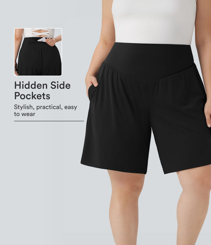 Plus Size Airy High Waisted InstantCool Yoga Bermuda Shorts with Pockets — Black — view 1