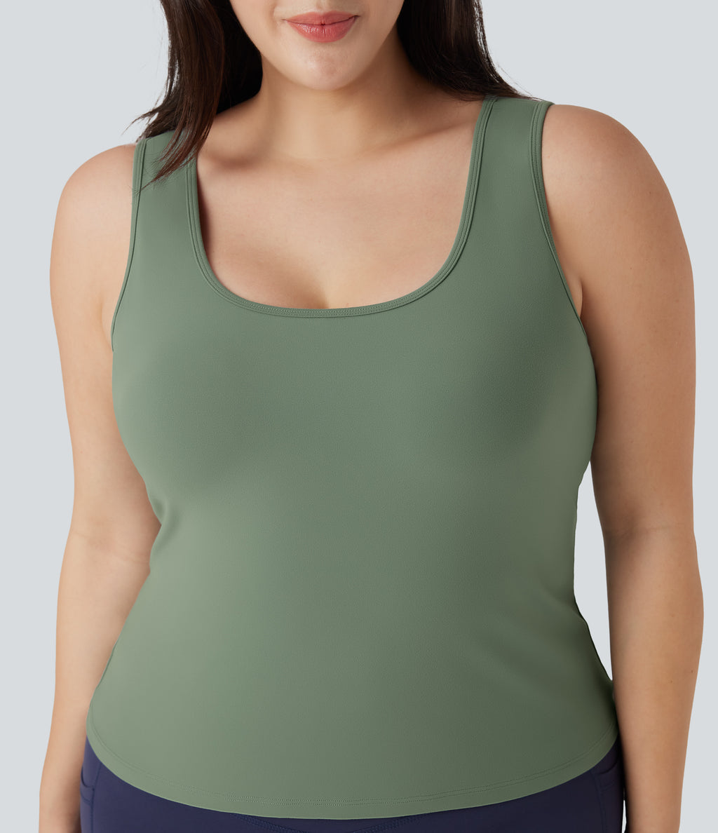 Plus Size U Neck Crossover Yoga Tank Vest Top-Longer Length — Hedge Green — view 5