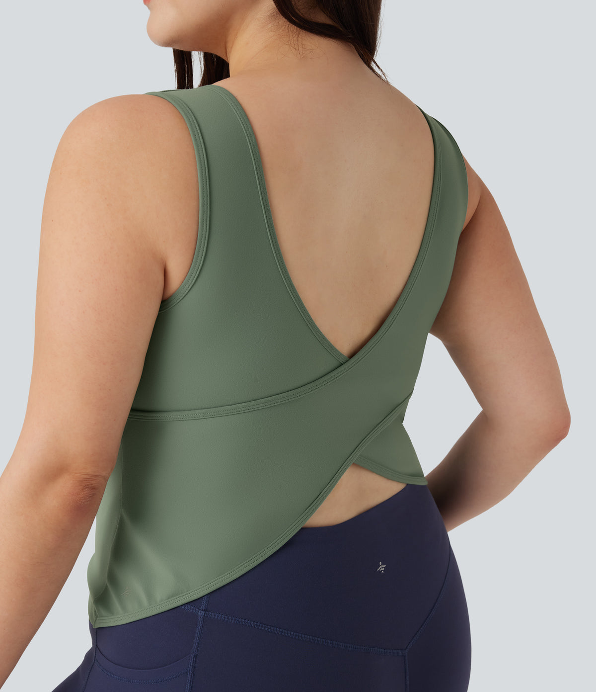 Plus Size U Neck Crossover Yoga Tank Vest Top-Longer Length — Hedge Green — view 4