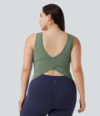 Plus Size U Neck Crossover Yoga Tank Vest Top-Longer Length — Hedge Green — view 1