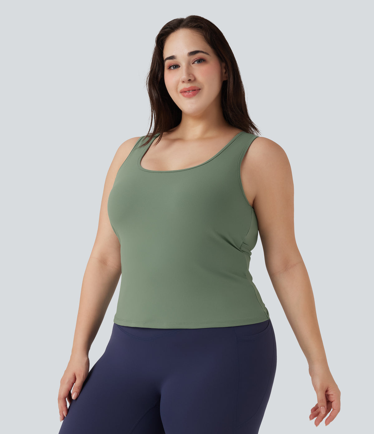 Plus Size U Neck Crossover Yoga Tank Vest Top-Longer Length — Hedge Green — view 3