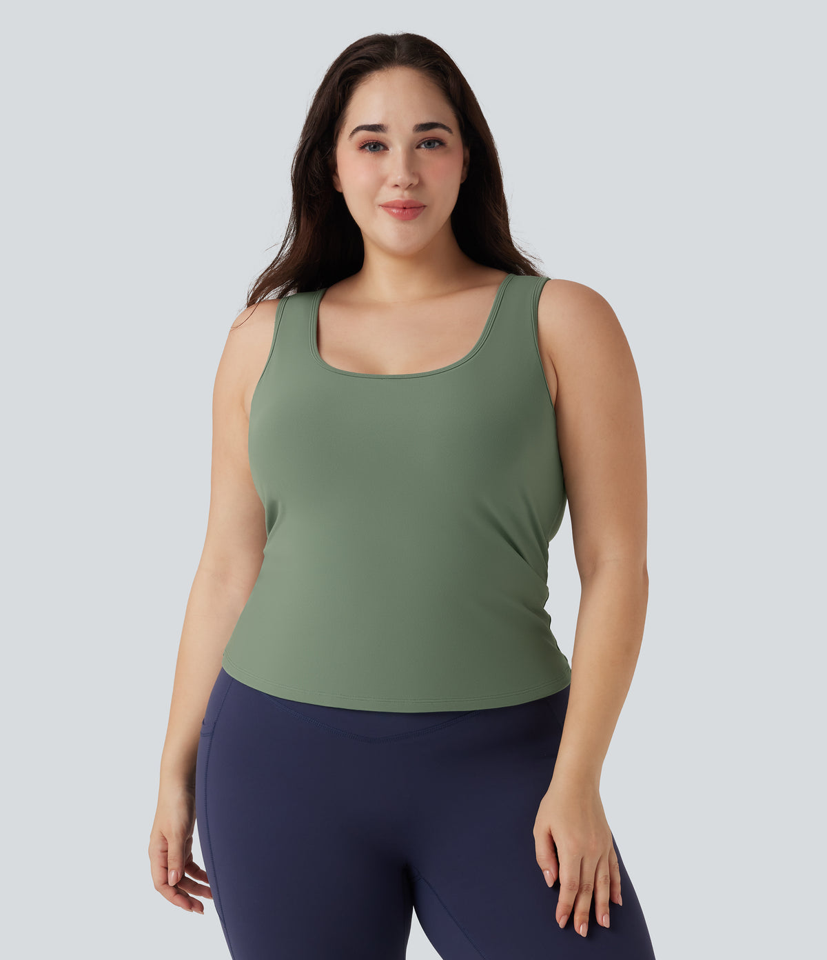 Plus Size U Neck Crossover Yoga Tank Vest Top-Longer Length — Hedge Green — view 2