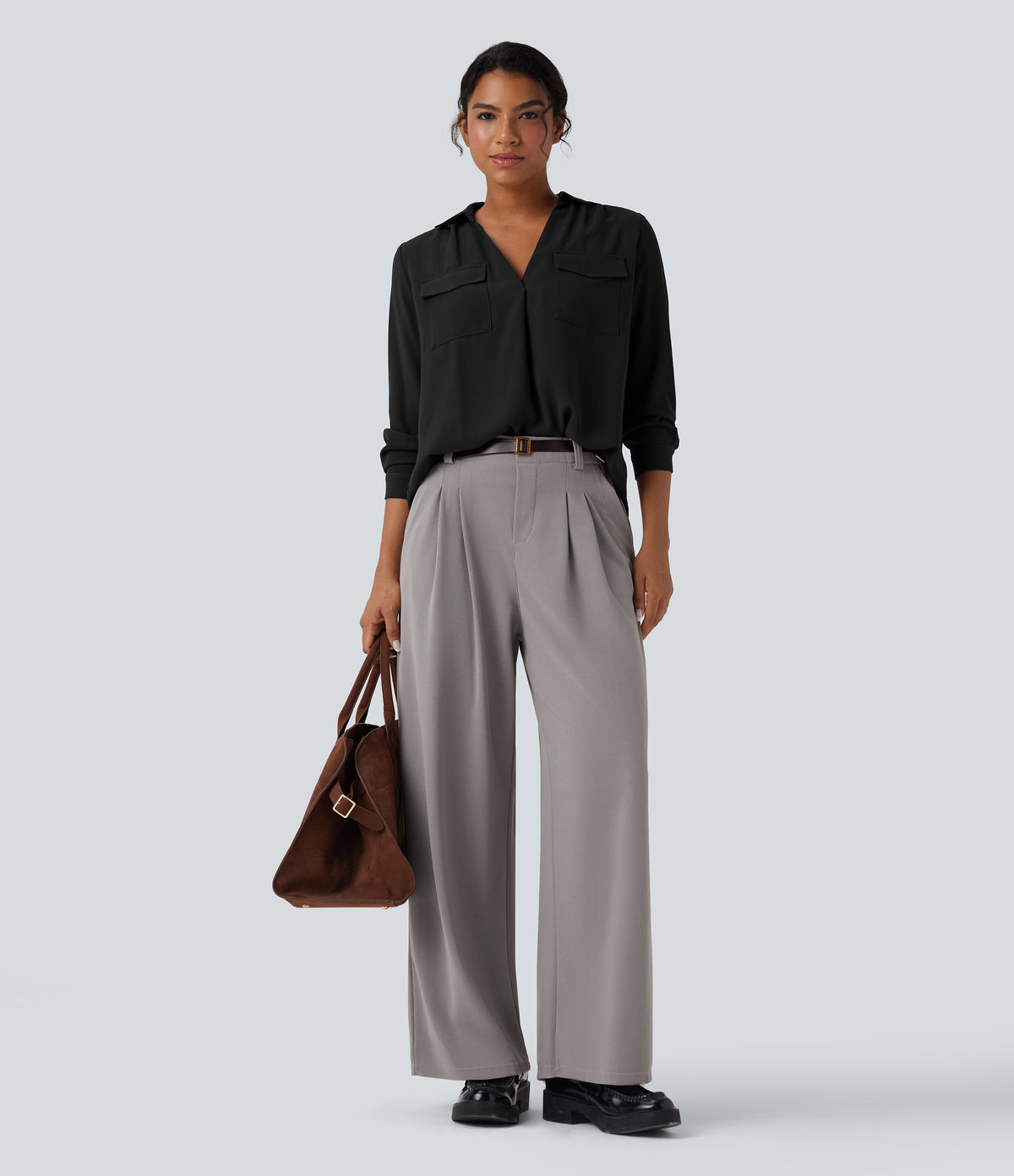 V Neck Long Sleeve Work Shirt with Pockets — Black — view 7