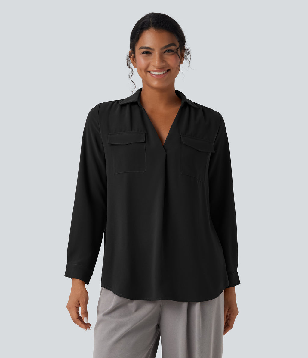 V Neck Long Sleeve Work Shirt with Pockets — Black — view 6