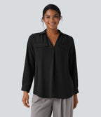 V Neck Long Sleeve Work Shirt with Pockets — Black — view 6