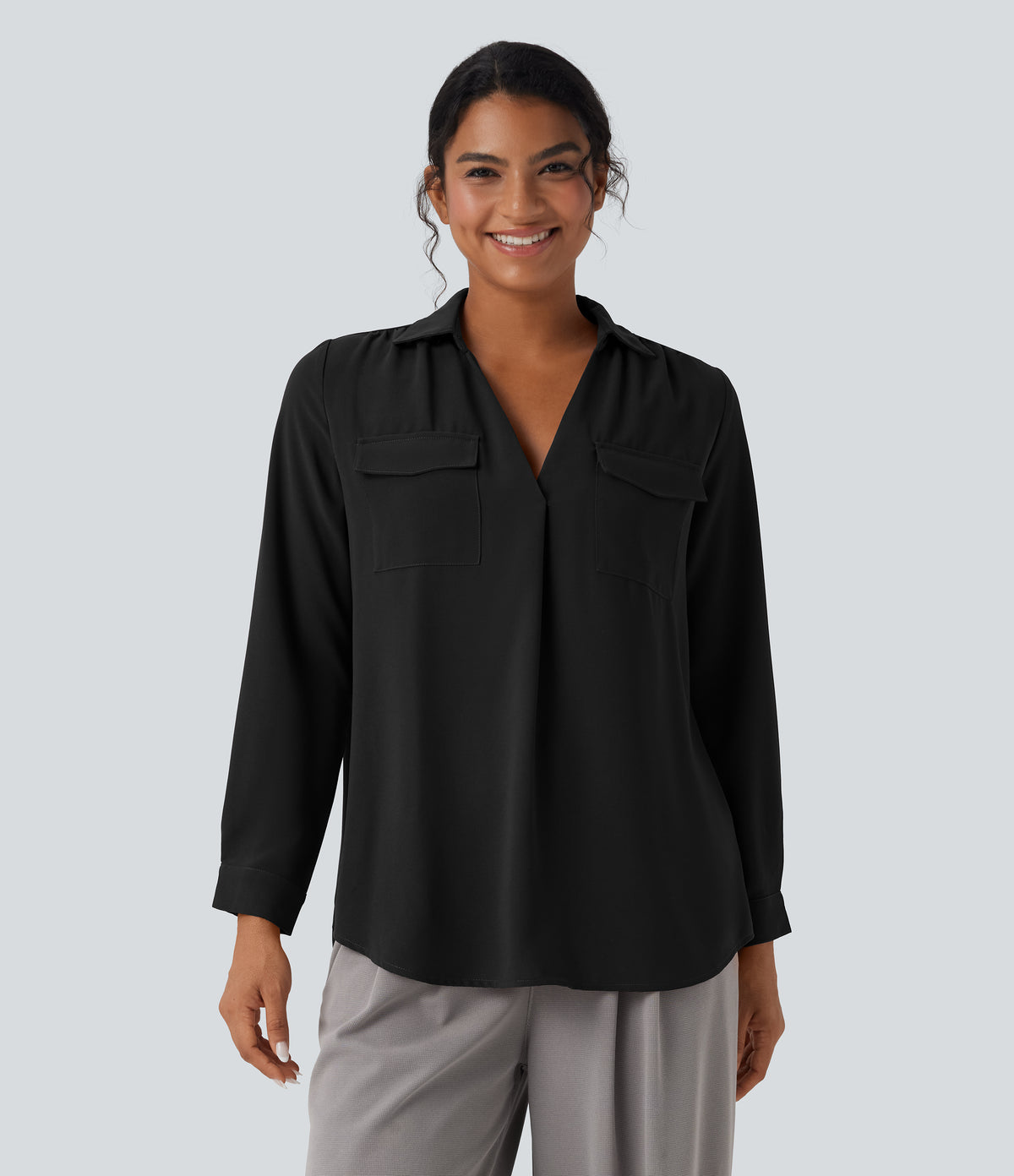 V Neck Long Sleeve Work Shirt with Pockets — Black — view 6
