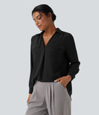 V Neck Long Sleeve Work Shirt with Pockets — Black — view 3