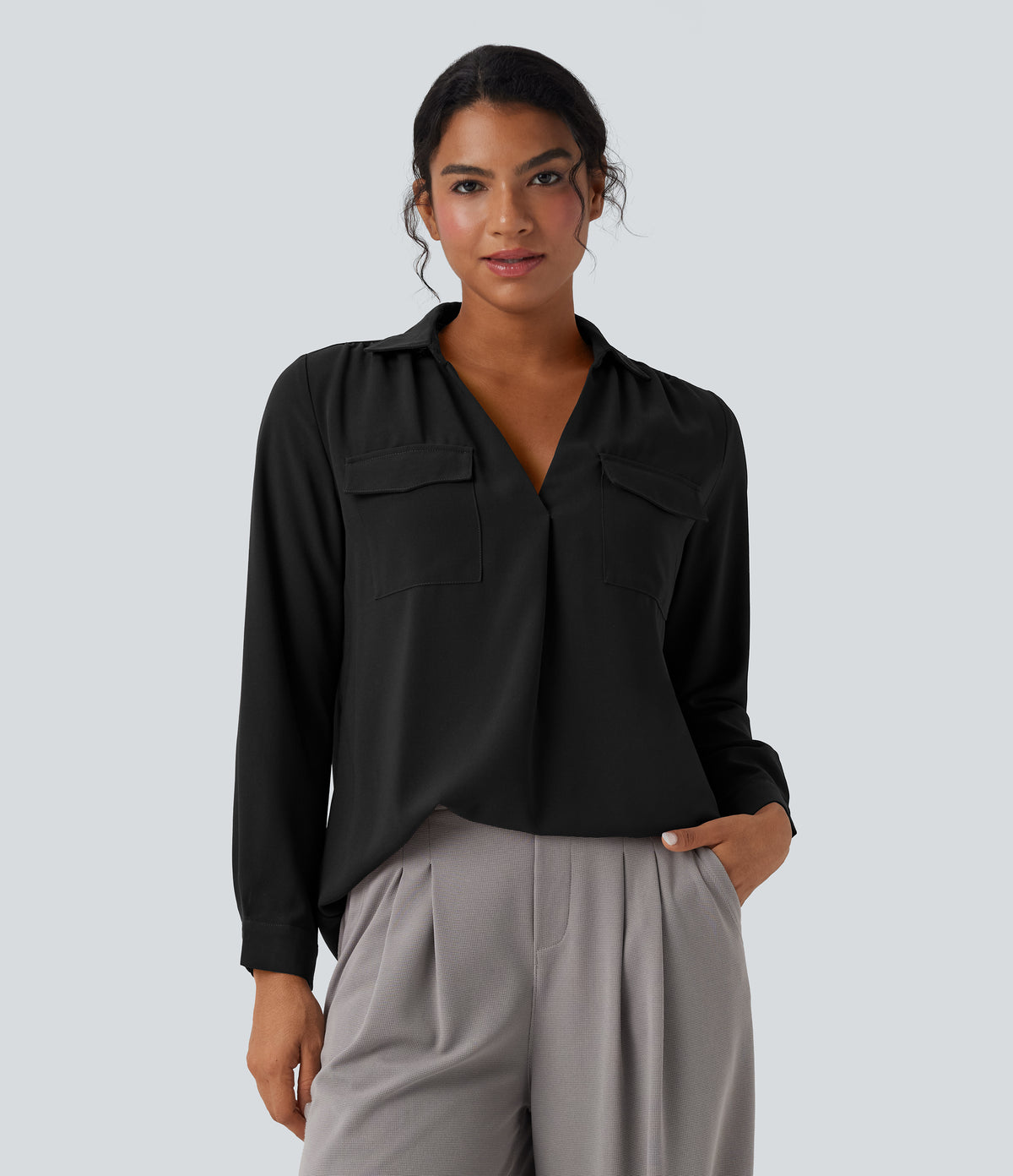 V Neck Long Sleeve Work Shirt with Pockets — Black — view 1