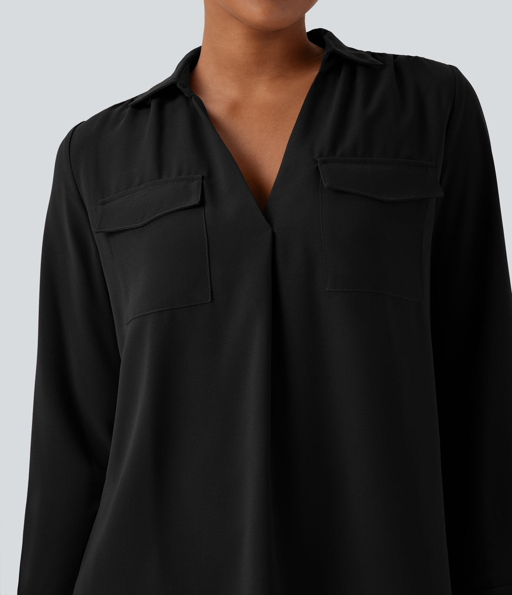 V Neck Long Sleeve Work Shirt with Pockets — Black — view 4