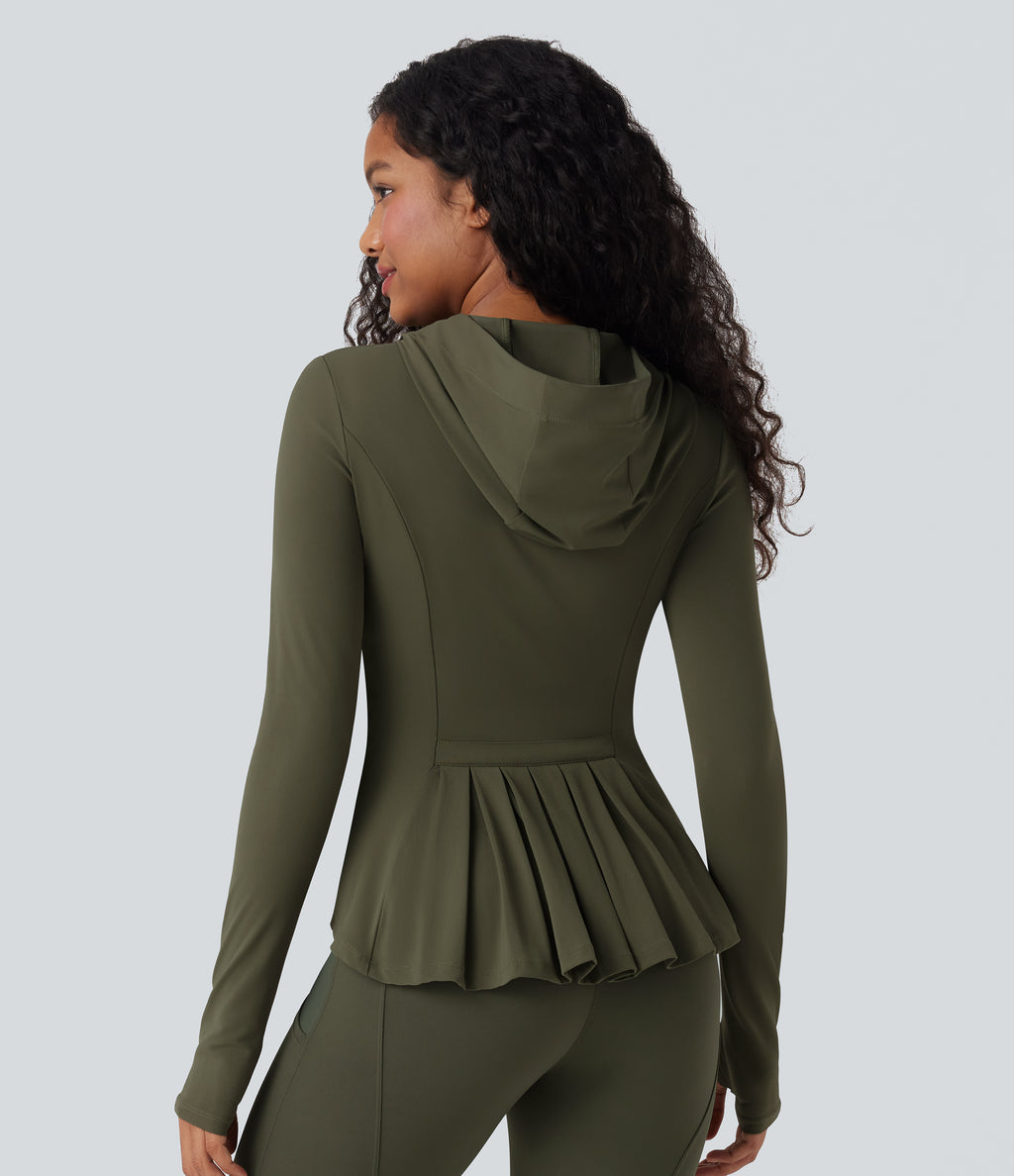 Hooded Long Sleeve Thumb Hole Pleated Jacket with Pockets — Grass Grey Green — view 1
