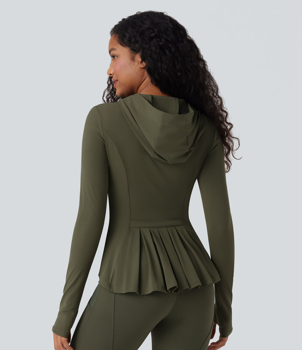 Hooded Long Sleeve Thumb Hole Pleated Jacket with Pockets — Grass Grey Green — view 1