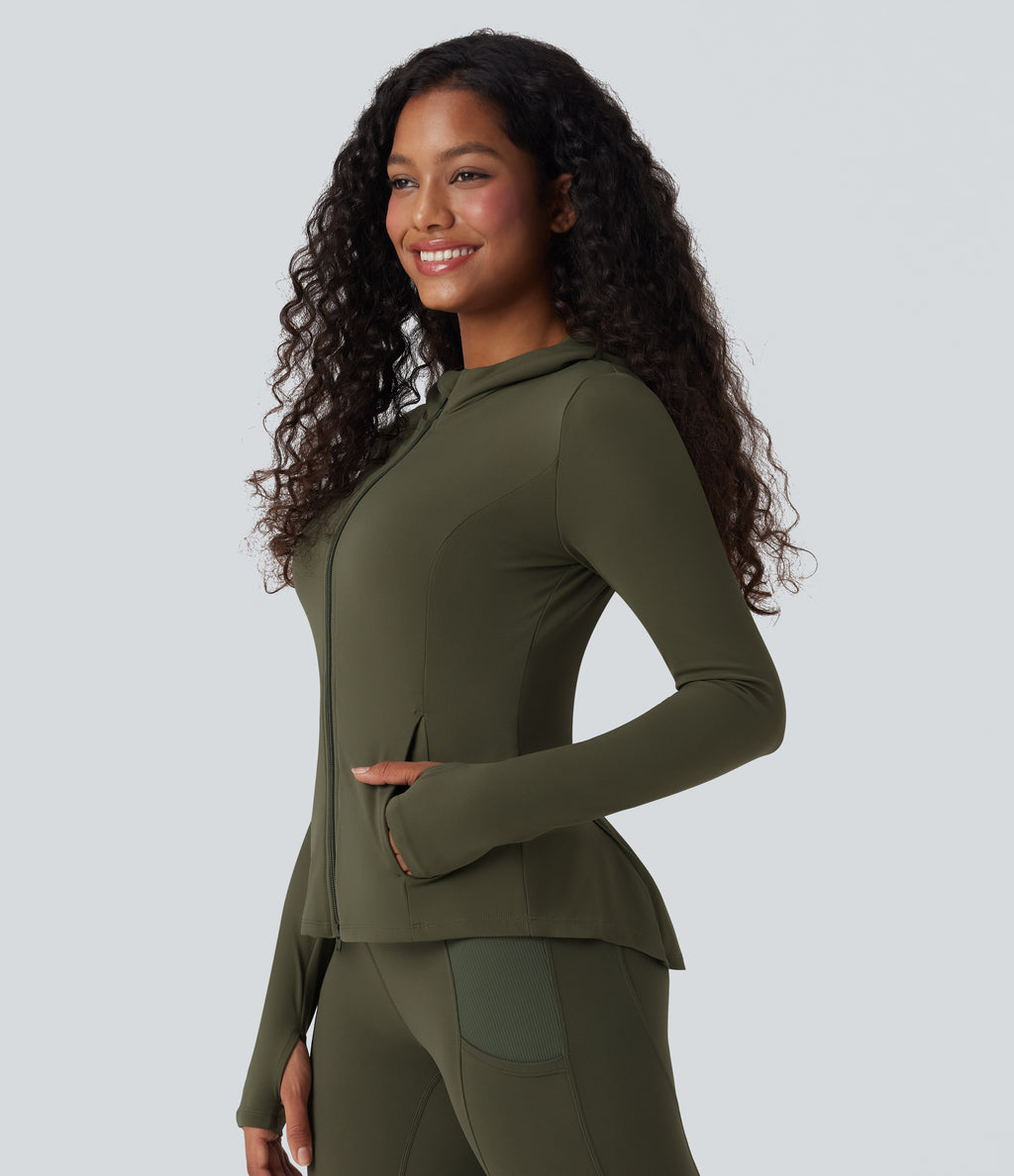 Hooded Long Sleeve Thumb Hole Pleated Jacket with Pockets — Grass Grey Green — view 3
