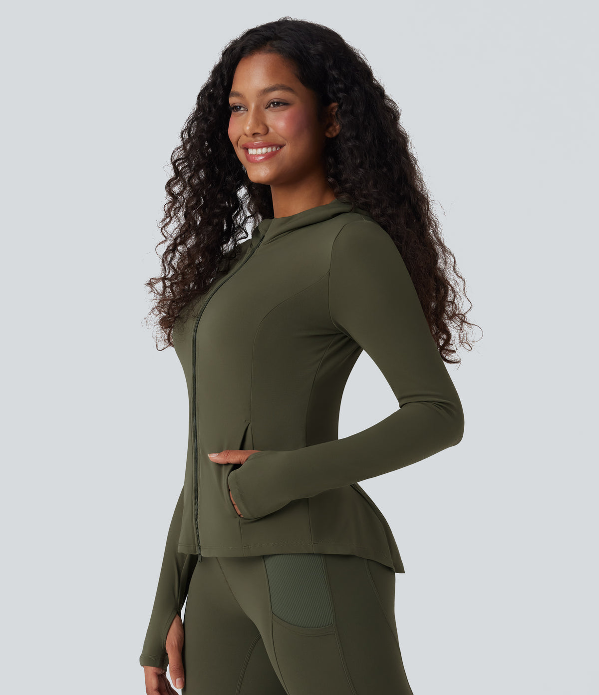 Hooded Long Sleeve Thumb Hole Pleated Jacket with Pockets — Grass Grey Green — view 3