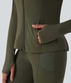 Hooded Long Sleeve Thumb Hole Pleated Jacket with Pockets — Grass Grey Green — view 6
