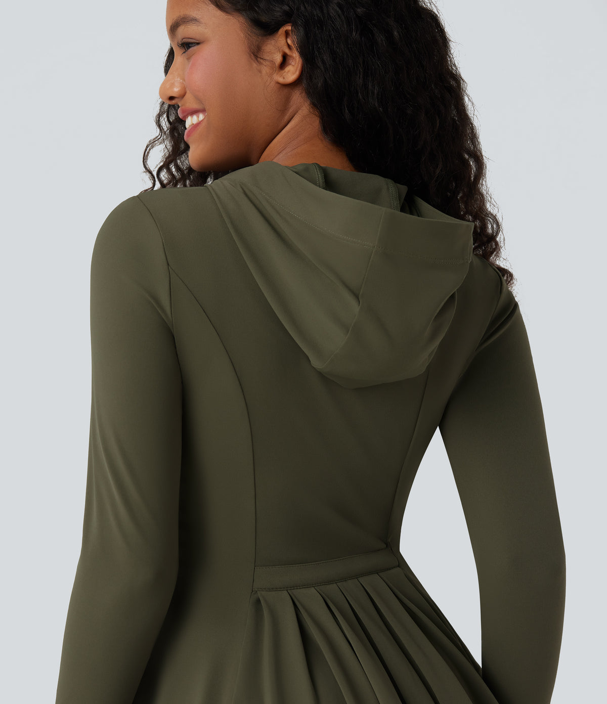 Hooded Long Sleeve Thumb Hole Pleated Jacket with Pockets — Grass Grey Green — view 4