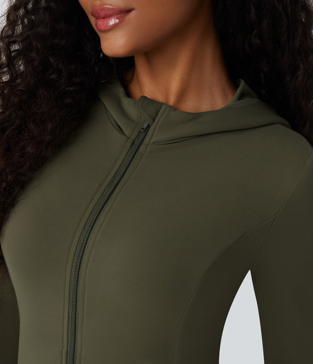 Hooded Long Sleeve Thumb Hole Pleated Jacket with Pockets — Grass Grey Green — view 5