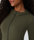 Hooded Long Sleeve Thumb Hole Pleated Jacket with Pockets — Grass Grey Green — view 5
