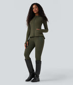 Hooded Long Sleeve Thumb Hole Pleated Jacket with Pockets — Grass Grey Green — view 8