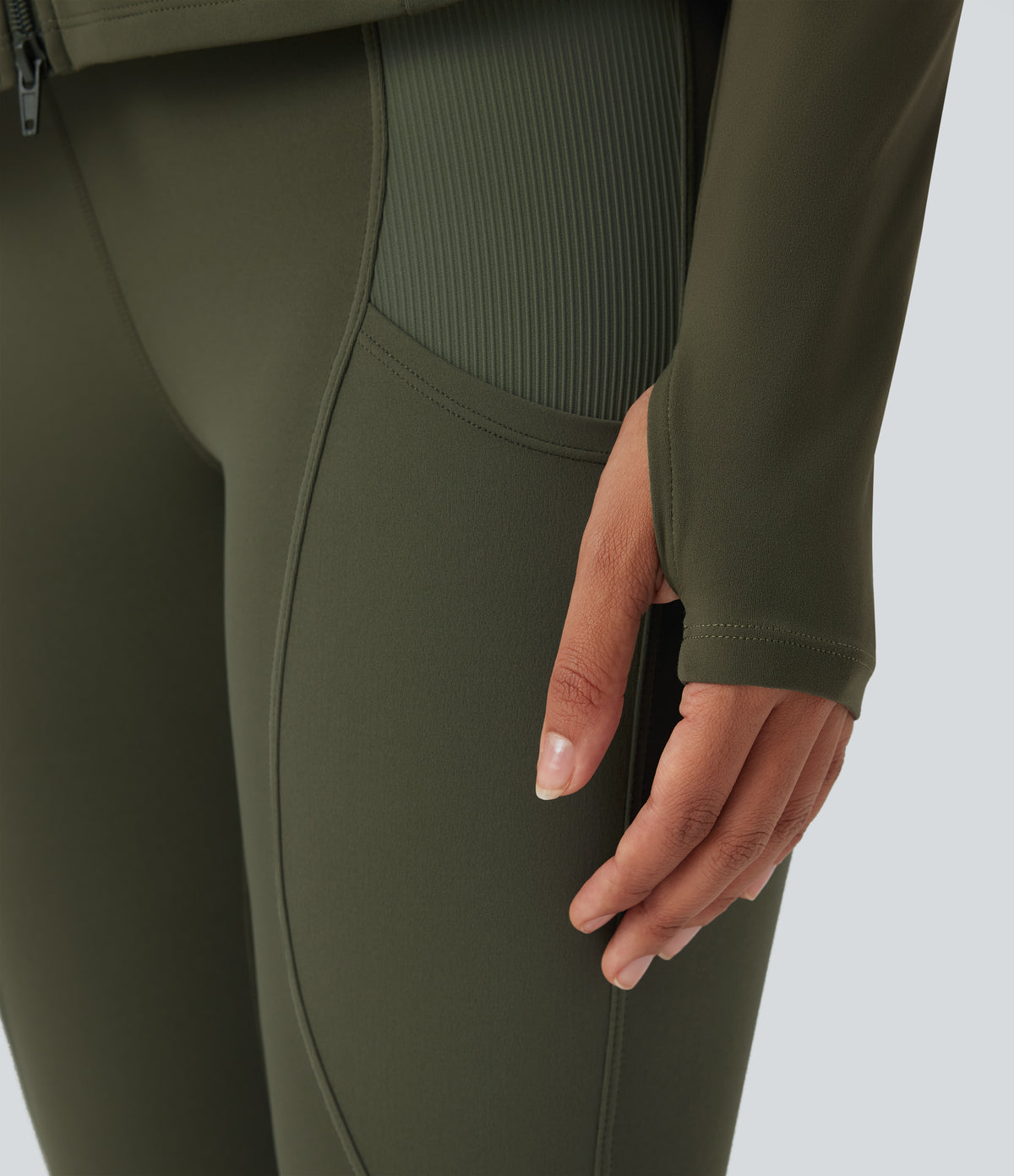 Hooded Long Sleeve Thumb Hole Pleated Jacket with Pockets — Grass Grey Green — view 7