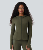 Hooded Long Sleeve Thumb Hole Pleated Jacket with Pockets — Grass Grey Green — view 2