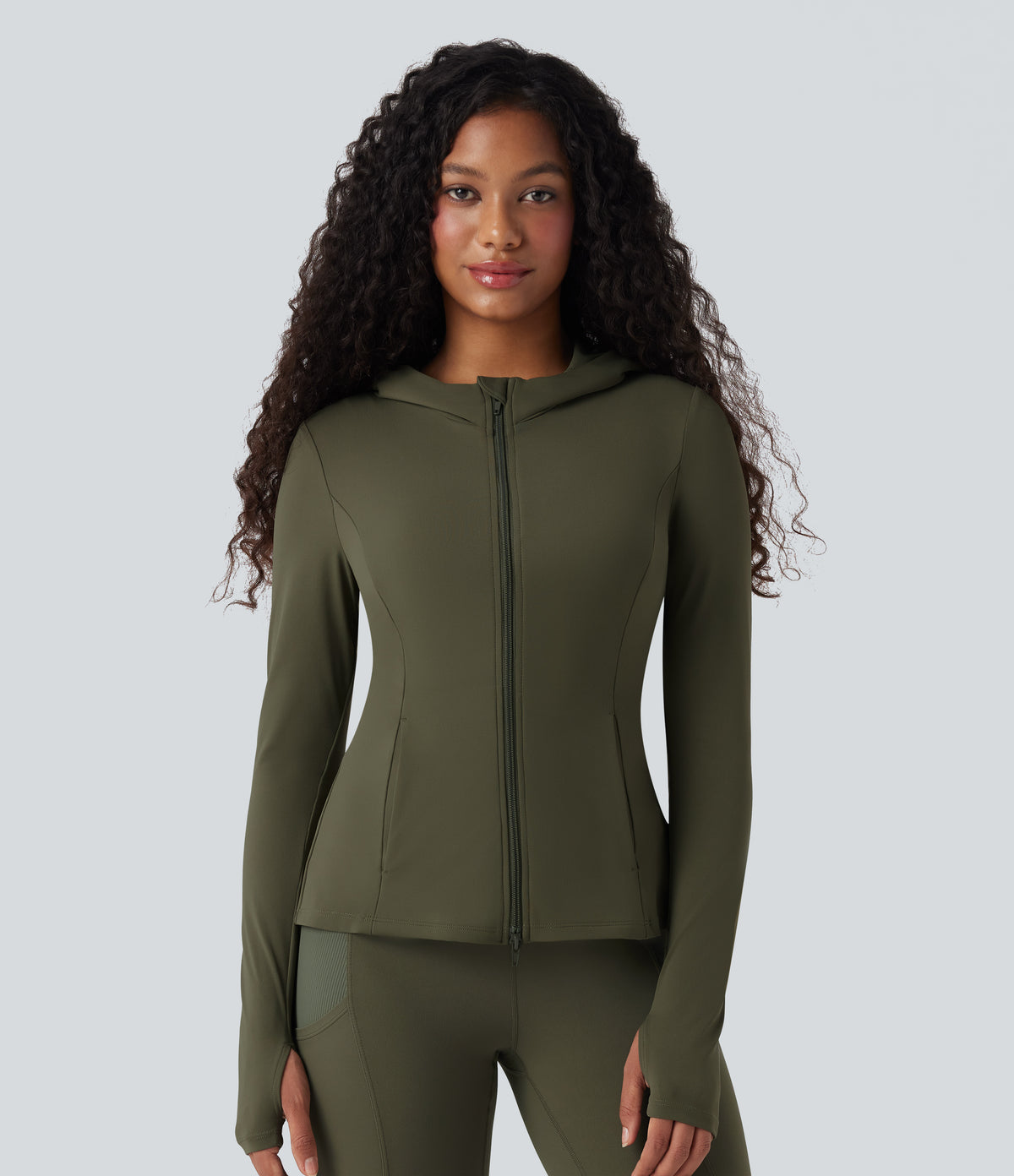 Hooded Long Sleeve Thumb Hole Pleated Jacket with Pockets — Grass Grey Green — view 2