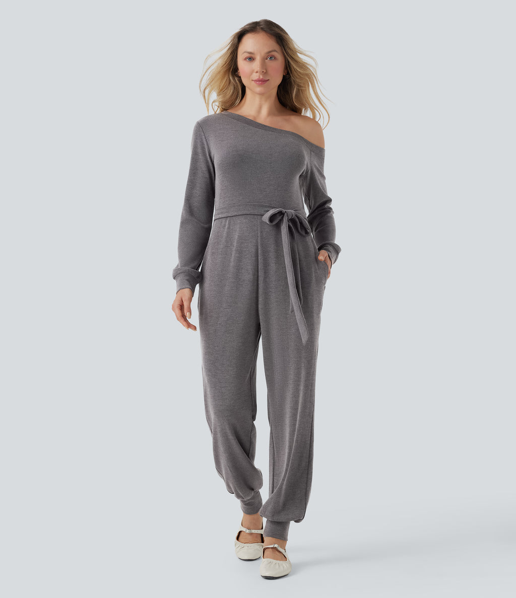 Off-Shoulder Long Sleeve Tie Casual Jumpsuit with Pockets — Excalibur — view 3