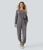 Off-Shoulder Long Sleeve Tie Casual Jumpsuit with Pockets — Excalibur — view 3