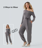 Off-Shoulder Long Sleeve Tie Casual Jumpsuit with Pockets — Excalibur — view 1
