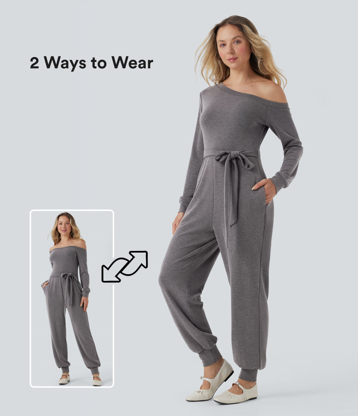 Off-Shoulder Long Sleeve Tie Casual Jumpsuit with Pockets — Excalibur — view 1