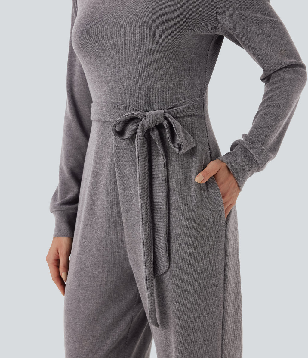 Off-Shoulder Long Sleeve Tie Casual Jumpsuit with Pockets — Excalibur — view 4