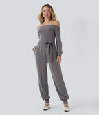 Off-Shoulder Long Sleeve Tie Casual Jumpsuit with Pockets — Excalibur — view 6