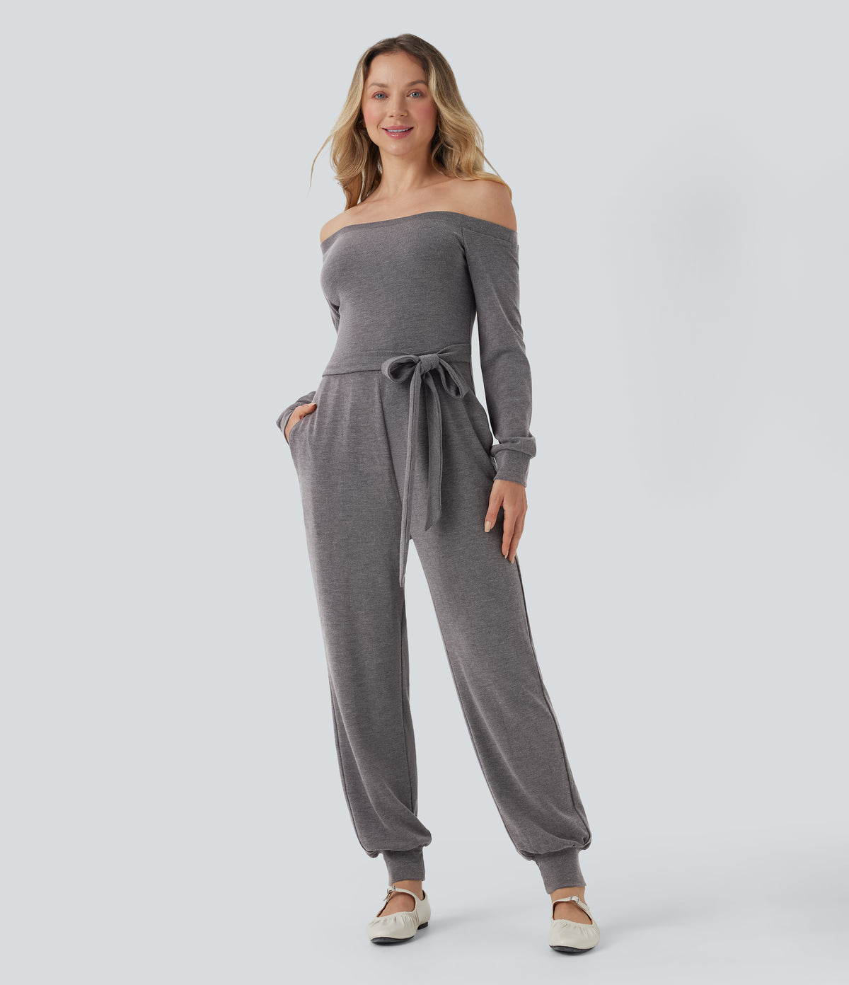 Off-Shoulder Long Sleeve Tie Casual Jumpsuit with Pockets — Excalibur — view 6
