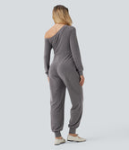 Off-Shoulder Long Sleeve Tie Casual Jumpsuit with Pockets — Excalibur — view 2
