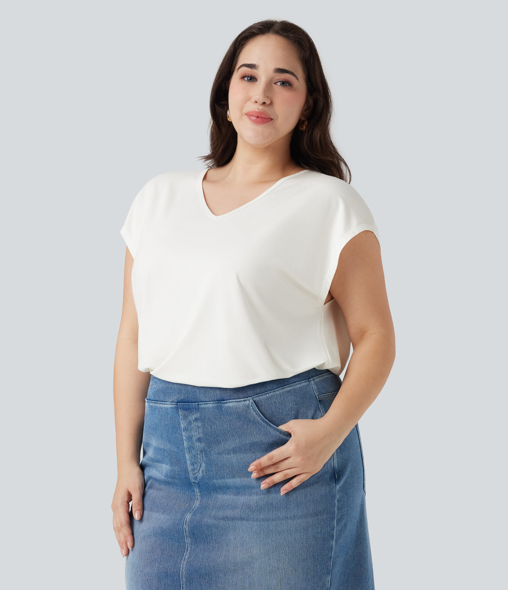 V-neck Short Sleeve Casual Plus Size T-Shirt — White — view 3
