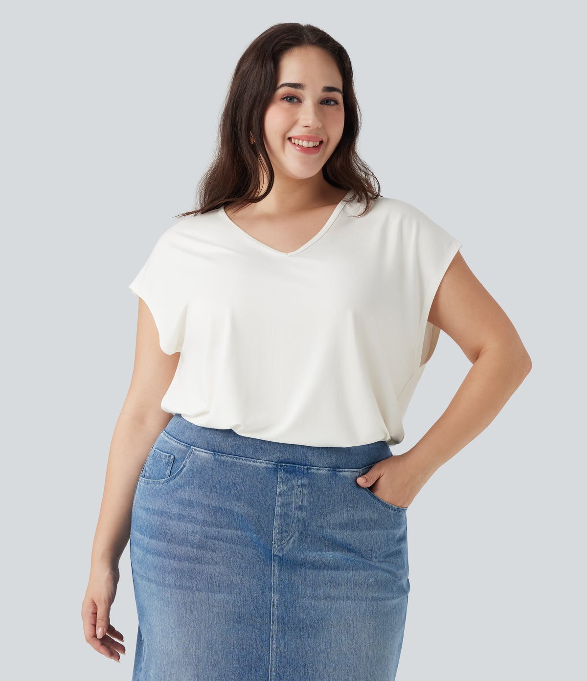 V-neck Short Sleeve Casual Plus Size T-Shirt — White — view 1