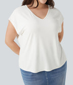 V-neck Short Sleeve Casual Plus Size T-Shirt — White — view 4
